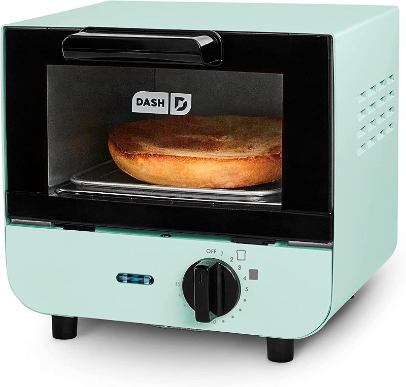 Photo 1 of DASH Mini Toaster Oven Cooker for Bread, Bagels, Cookies, Pizza, Paninis & More with Baking Tray, Rack, Auto Shut Off Feature - Aqua
