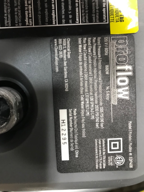 Photo 1 of Chemical Guys EQP_312PW 3-Piece Mega Foaming Car Wash Kit Including Honeydew Snow Foam (1 Gallon), TORQ Max Foam 8 Foam Cannon and EQP408 ProFlow Performance Electric Pressure Washer Pressure Washer + EQP_312 Kit
UNKNOWN IF MISSING PIECES