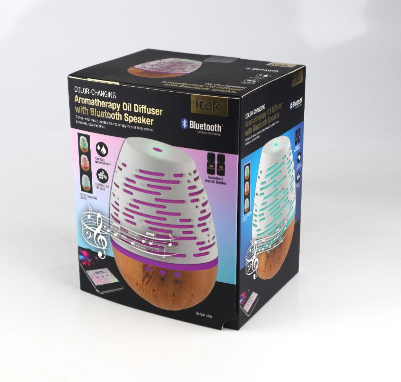 Photo 1 of AROMATHERAPY DIFFUSER WITH BLUETOOTH SPEAKER 3 LED LIGHTS 2 5ML OIL BOTTLES NEW 