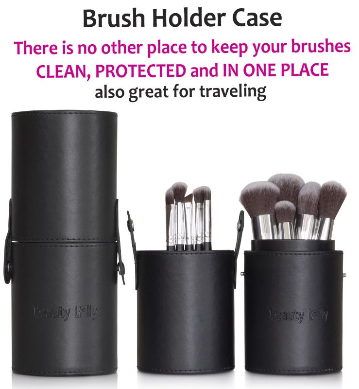 Photo 1 of BEAUTY LALLY SYNTHETIC HAIR MAKE UP BRUSHES 10 BRUSHES ALL LABELED 1 BRUSH CASE AND A BONUS COMPACT MIRROR BRUSHES BETWEEN 12 AND 19 CM NEW IN BOX $17.99