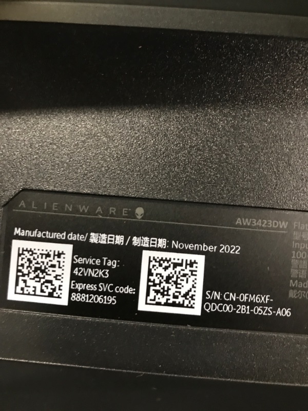 Photo 1 of Alienware 34 Inch Curved PC Gaming Monitor, 3440 x 1440p Resolution, Quantum Dot OLED 175Hz, 1800R Curvature, True 1ms GTG, 1,000,000:1 Contrast Ratio, 1.07 Billion Colors, AW3423DW - Lunar Light 34.18 Inches AW3423DW