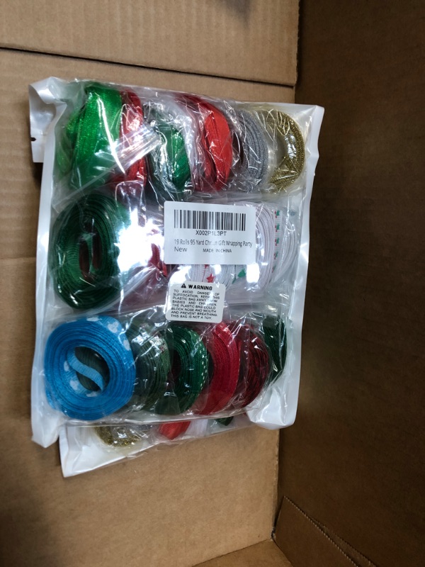 Photo 2 of 2 pck**19 Rolls 95 Yard Christmas Ribbons Trims Printed Grosgrain Ribbons Multicolor Organza Ribbons Satin Ribbons Metallic Glitter Ribbons 3/8" Wide for Winter Holiday Festival Season Gift Wrapping Party