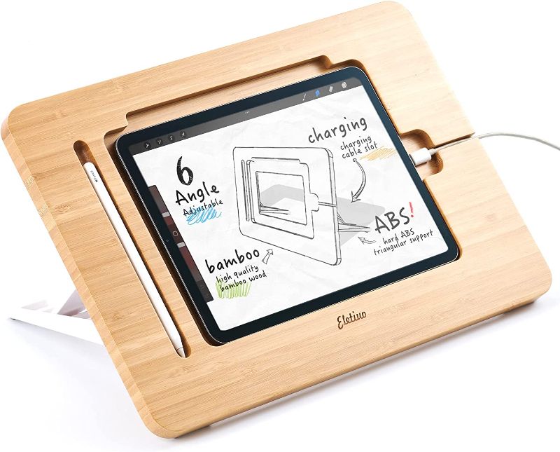 Photo 1 of ELETIUO Adjustable Tablet Stand with Pencil&Charger Cable Slot,Bamboo Wooden Stand with Multiple Angles,Organizer Desktop Holder for Drawing,Compatible with ipads(Support to 9.7-11" Devices)
