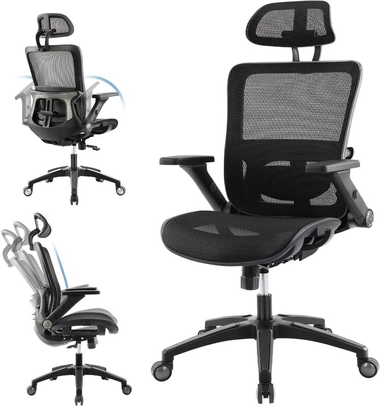 Photo 1 of  Ergonomic Mesh Office Chair, High Back Computer Executive Home Desk Chair with Headrest and 4D Flip-up Armrests, Adjustable Tilt Lock and Lumbar Support-Grey
