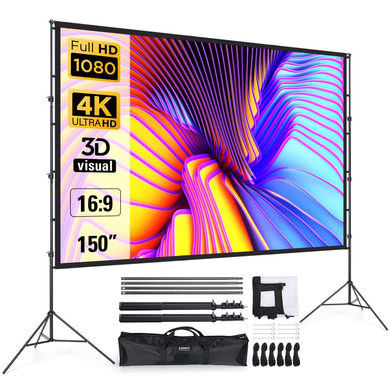 Photo 1 of 
Projector Screen and Stand 150 Inch, LEORFI Outdoor Portable Projector Movie Screen Pull Down, Indoor Projections Screen with Stand 16:9 4K Full HD Support Height Adjustable for Home Theater Camping 150'' Projector Screen
