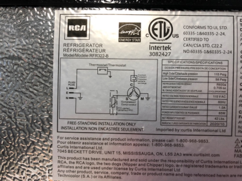 Photo 3 of **** TESTED POWERED ON **** *** SMALL SHIPPING DAMAGE ***
RCA RFR322 Mini Refrigerator, Compact Freezer Compartment, Adjustable Thermostat Control, Reversible Door, Ideal Fridge for Dorm, Office, Apartment, Platinum Stainless, 3.2 Cubic Feet