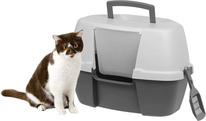 Photo 1 of 
IRIS USA Large Enclosed Corner Cat Litter Box with Front Door Flap and Scoop, Hooded Kitty Litter Tray with Handle and Buckles for Portability and Privacy, Gray
Style:Corner - Gray