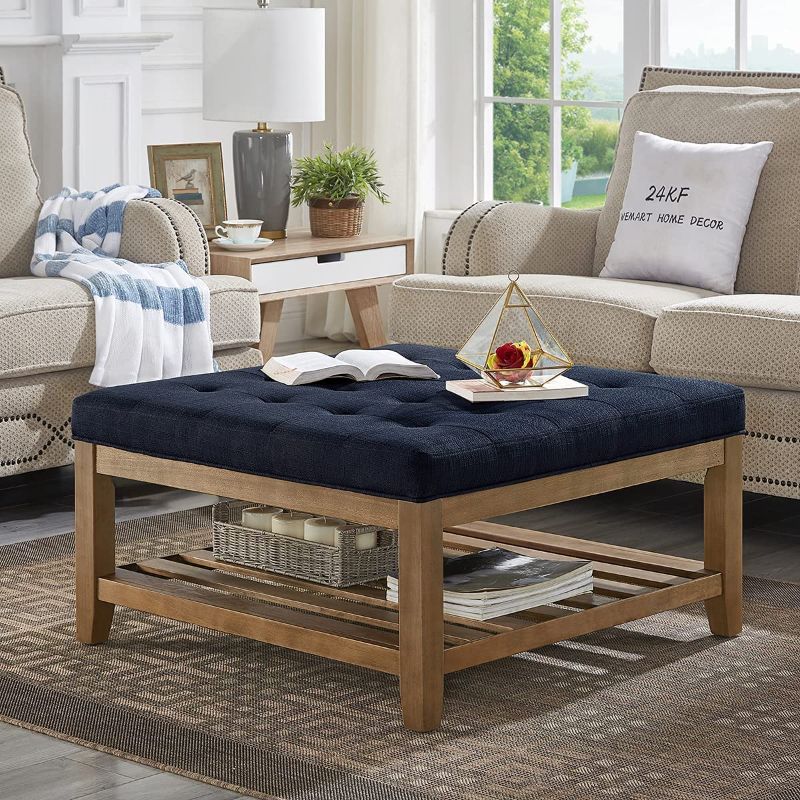 Photo 1 of 24KF Upholstered Large Square Coffee Table, Linen Tufted Square Ottoman,Large Footrest Ottoman with Solid Wood Shelf- Navy Blue
33.5"D x 33.5"W x 18"H
