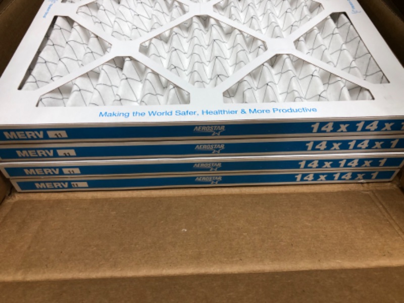 Photo 2 of Aerostar 14x14x1 MERV 11 Pleated Air Filter, AC Furnace Air Filter, 4 Pack (Actual Size: 13 3/4"x13 3/4"x3/4") & 12x12x1 MERV 11 Pleated Air Filter, AC Furnace Air Filter, 4 Pack 4 Count (Pack of 1)