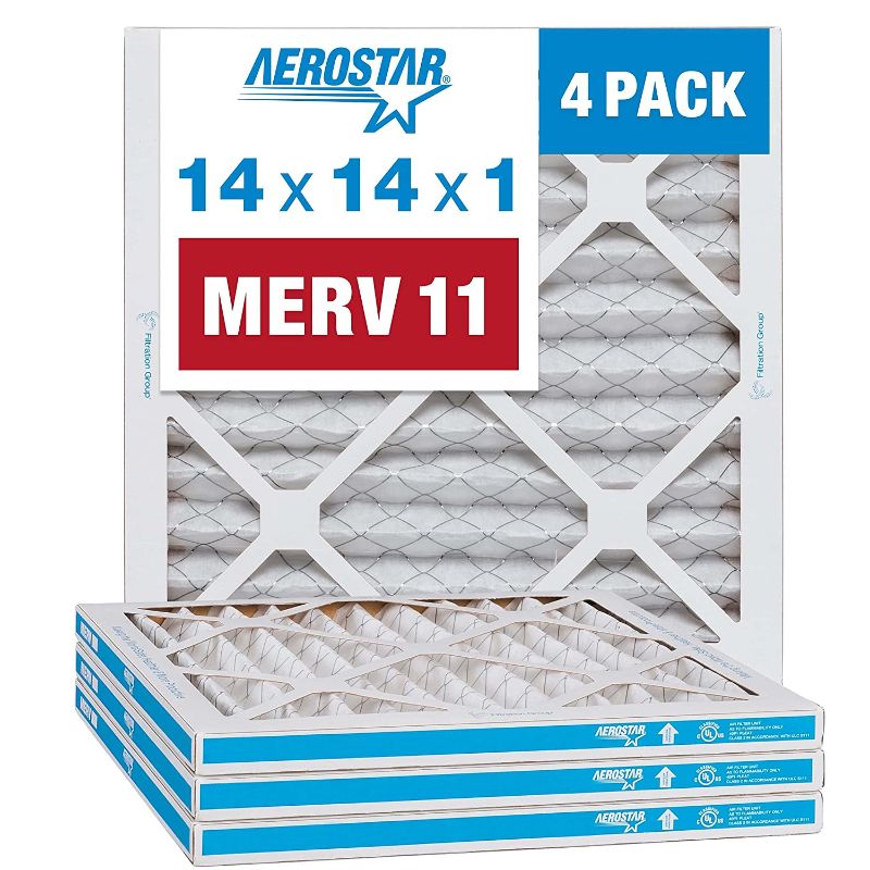 Photo 1 of Aerostar 14x14x1 MERV 11 Pleated Air Filter, AC Furnace Air Filter, 4 Pack (Actual Size: 13 3/4"x13 3/4"x3/4") & 12x12x1 MERV 11 Pleated Air Filter, AC Furnace Air Filter, 4 Pack 4 Count (Pack of 1)