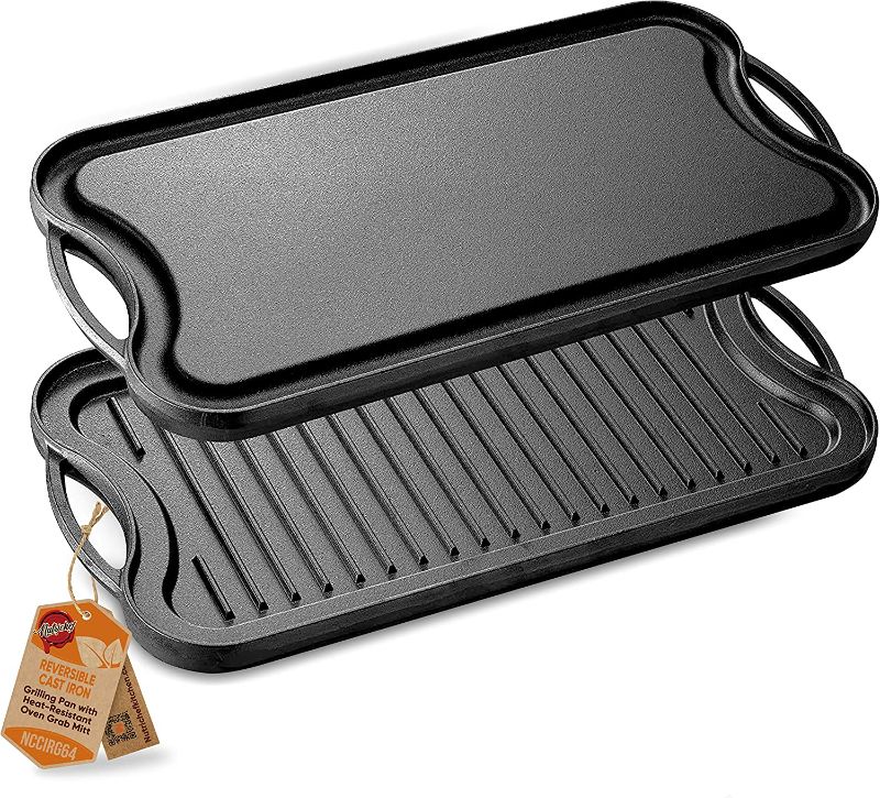 Photo 1 of ***USE PICTURE FOR REFERENCE*** NutriChef Reversible Plate-PFOA & PFOS Free Oven Safe Flat Cast Iron Skillet Griddle Grilling Pan w/Scraper for Electric Stovetop, Ceramic NCCIRG64, BLACK