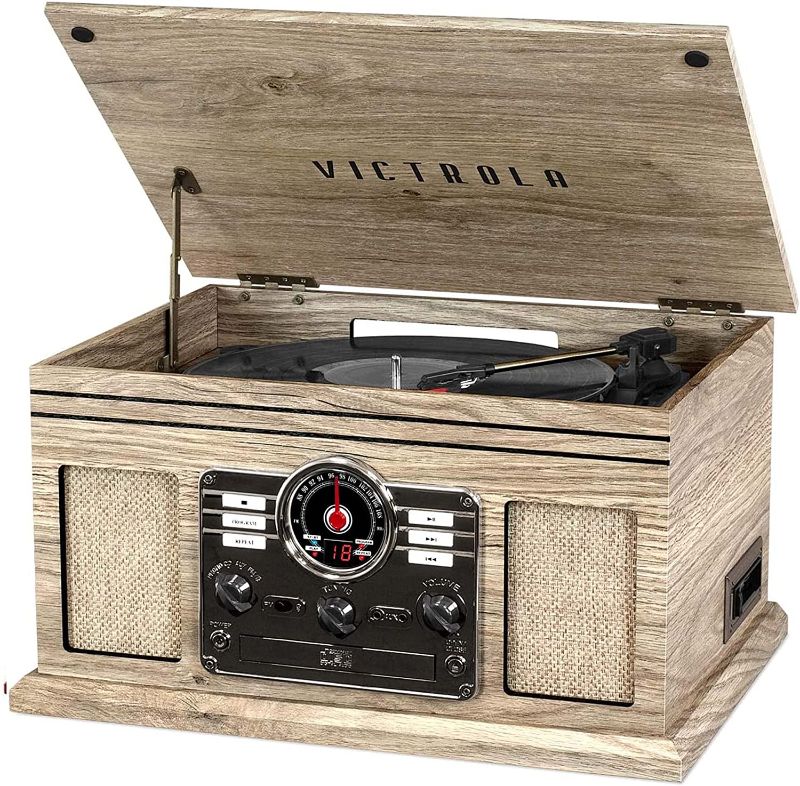 Photo 1 of *Tested-Works/Damaged-See Photos* Victrola Nostalgic 6-in-1 Bluetooth Record Player & Multimedia Center with Built-in Speakers - 3-Speed Turntable, CD & Cassette Player, AM/FM Radio | Wireless Music Streaming | Farmhouse Oatmeal
