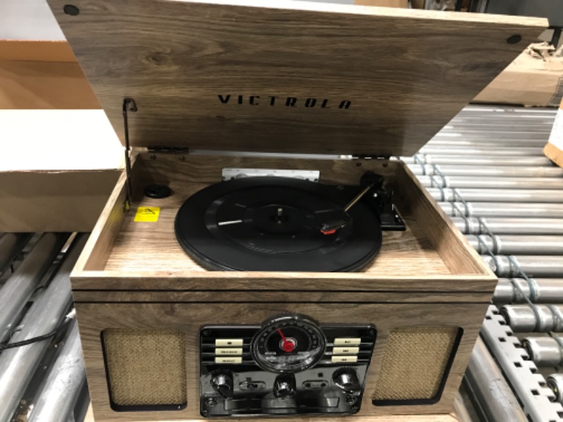 Photo 2 of *Tested-Works/Damaged-See Photos* Victrola Nostalgic 6-in-1 Bluetooth Record Player & Multimedia Center with Built-in Speakers - 3-Speed Turntable, CD & Cassette Player, AM/FM Radio | Wireless Music Streaming | Farmhouse Oatmeal
