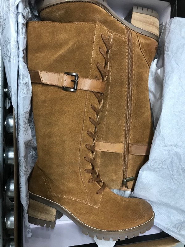 Photo 2 of *Damaged-See Photos* Vintage Foundry Co. Women's Handmade Quilted Knee High Mid Calf Boots w Laces Adjustable Straps Full Zipper Chunky Lug Sole Platform Casual Motorcycle Military Biker Goth Victorian Engineer Comic Con 10 Tan