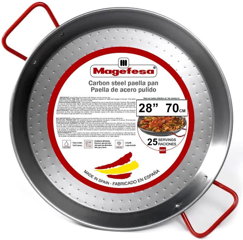 Photo 1 of **DAMAGED** MAGEFESA® Carbon - paella pan 28 in - 70 cm for 25 Servings, made in Carbon Steel, with dimples for greater resistance and lightness, ideal for cooking outdoors, cook your own Valencian paella
