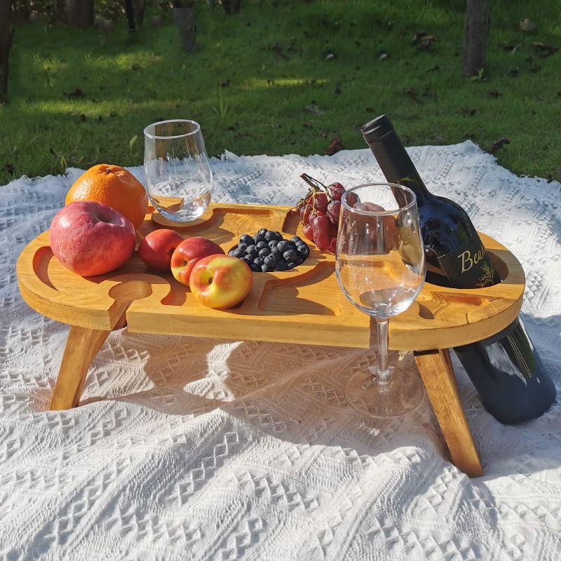 Photo 1 of  Portable Wine Picnic Table, Foldable Wooden Cheese Snack Table with Glass Holder for Fishing Camping Beach Oval