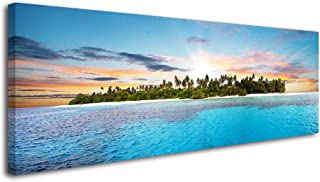 Photo 1 of Blue Island Wall Art for Bedroom, Panoramic Ocean Pictures Canvas Prints, Relaxing Holiday Leisure Time Beach Theme Sea Decor Artwork (1" Thick, Waterproof, Bracket Mounted Ready Hanging)
