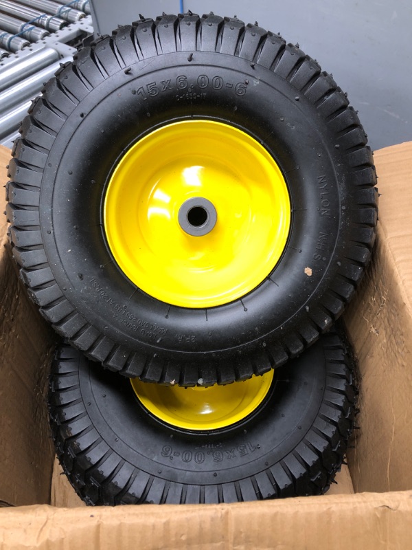 Photo 2 of (2 Pack) AR-PRO Exact Replacement 15" x 6.00 - 6" Front Tire and Wheel Assemblies for John Deere Riding Mowers - Compatible with John Deere 100 and D100 Series - 3” Hub Offset and 3/4” Bushings 15" x 6.00-6" Yellow