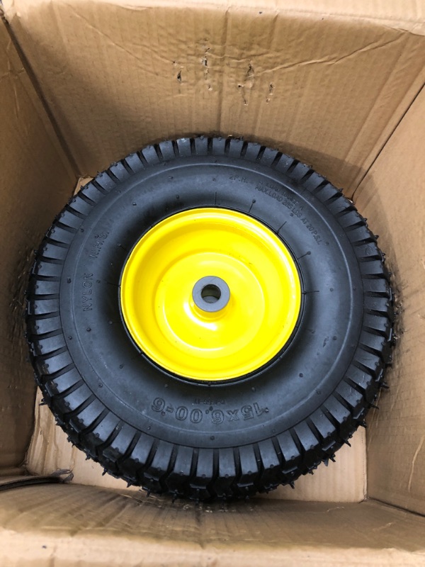 Photo 4 of (2 Pack) AR-PRO Exact Replacement 15" x 6.00 - 6" Front Tire and Wheel Assemblies for John Deere Riding Mowers - Compatible with John Deere 100 and D100 Series - 3” Hub Offset and 3/4” Bushings 15" x 6.00-6" Yellow