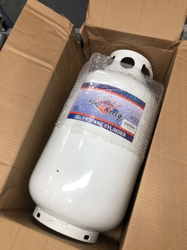 Photo 1 of **UNABLE TO TEST** Flame King YSN-301 30 Pound Steel Propane Tank Cylinder with Type 1 Overflow Protection Device Valve DOT and TC Compliant, White