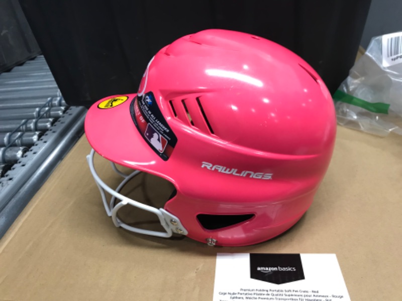 Photo 3 of Rawlings | COOLFLO HIGHLIGHTER Batting Helmet with Facemask | Baseball/Softball | One Size Fits Most (6 1/2-7 1/2) Metallic Pink