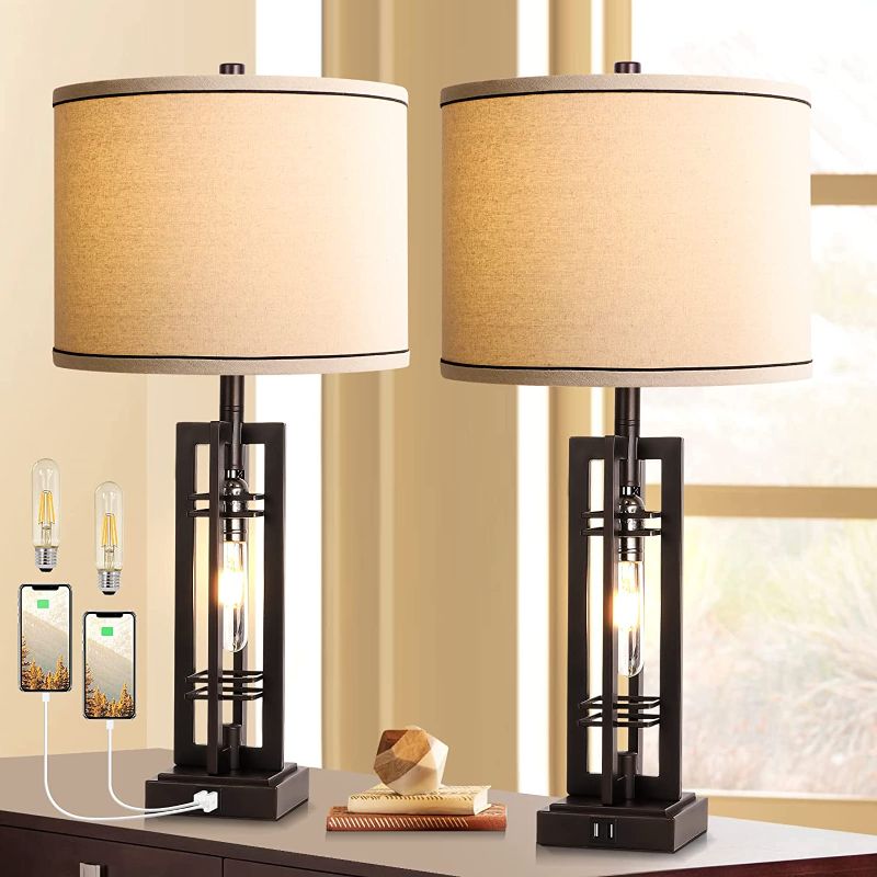 Photo 1 of *Tested* ROTTOGOON Set of 2 Table Lamps with USB Ports, 27.5" Tall Farmhouse Table Lamp with 2 LED Nightlight Blubs, Bedside Lamp Oil Rubbed Bronze Off White Oatmeal Shade for Living Room Bedroom Home Office
