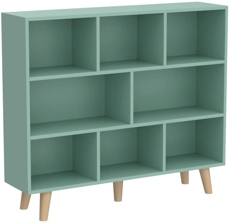 Photo 1 of **IN BLUE**- IOTXY Wooden Open Shelf Bookcase - 3-Tier Floor Standing Display Cabinet Rack with Legs, 8 Cubes Bookshelf,