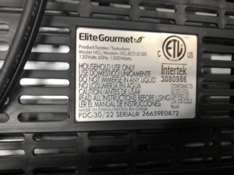 Photo 6 of Elite Gourmet ECT-3100 Long Slot 4 Slice Toaster, Reheat, 6 Toast Settings, Defrost, Cancel Functions, Built-in Warming Rack, Extra Wide Slots for Bagels & Waffles, Stainless Steel & Black 4 Slice Stainless Steel and Black