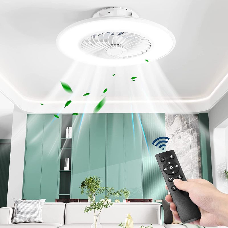 Photo 1 of KAMLAM Bladeless Ceiling Fan with 3-Color Dimmable Light, 22" Modern Enclosed Multi-Speed Low Profile Ceiling Fans with Remote Control, for Bedroom/Dining Room/Kitchen Flush Mount (White)
