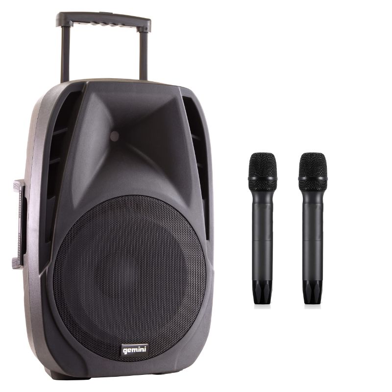 Photo 1 of Gemini Sound ES-15TOGO Wireless Portable Bluetooth Streaming Professional DJ PA System Trolley Active 800 Watts Speaker with Dual Mic Jacks SD Card and USB Port with 2 Wireless Mic Bundle