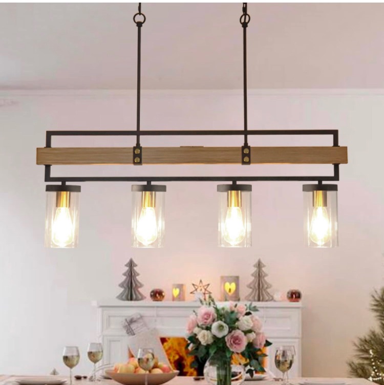 Photo 1 of ALAISLYC 4-Light Kitchen Island Lighting Farmhouse Pendant Light Kitchen Island Fixtures 36" L Hanging Linear Chandeliers for Dining Room Black and Wood