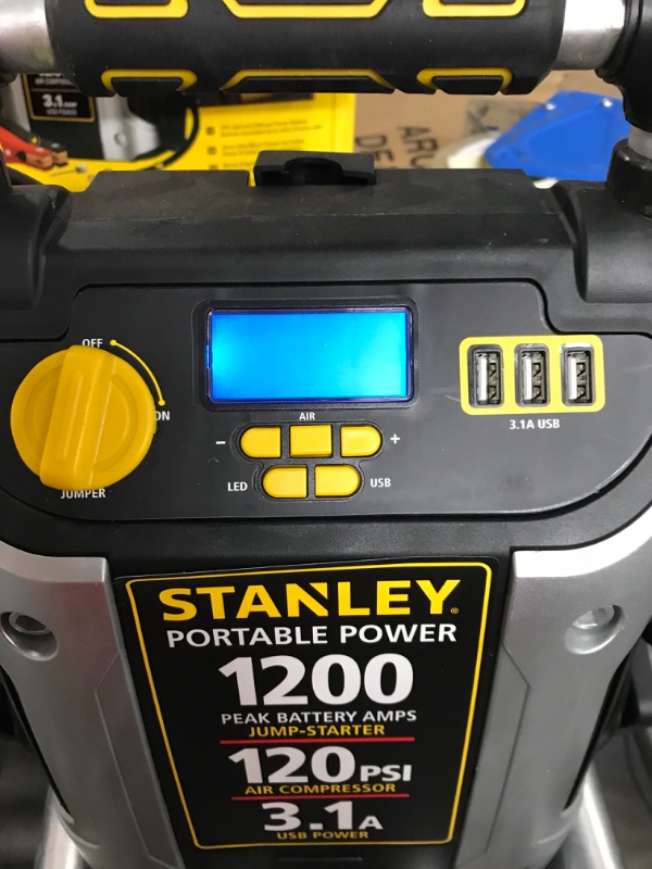 Photo 4 of **SEE NOTES**
STANLEY J5C09D Digital Portable Power Station Jump Starter: 1200 Peak/600 Instant Amps, 120 PSI Air Compressor, 3.1A USB Ports, Battery Clamps 1,200 Peak Amps