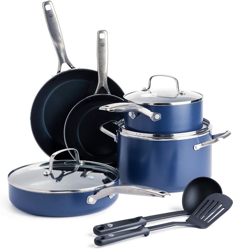 Photo 1 of Blue Diamond Cookware Diamond Infused Ceramic Nonstick 10 Piece Cookware Bakeware Pots and Pans Set, PFAS-Free, Dishwasher Safe, Oven Safe, Blue
