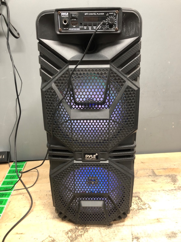 Photo 2 of Pyle Portable Bluetooth PA Speaker System - 600W Rechargeable Outdoor Bluetooth Speaker Portable PA System w/ Dual 8” Subwoofer 1” Tweeter, Microphone In, Party Lights, USB, Radio, Remote - PPHP2835B