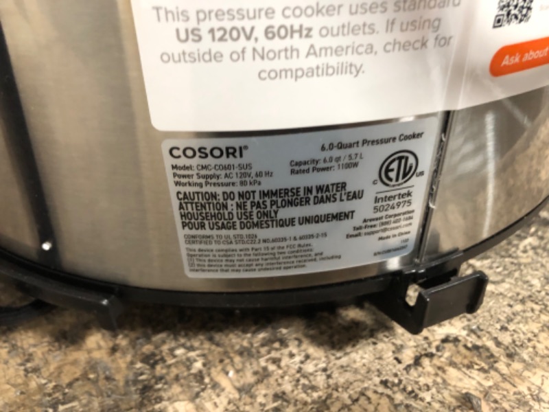 Photo 6 of ***PARTS ONLY*** COSORI Electric Pressure Cooker, 9-in-1 Multi Cooker, 13 Presets, Rice Cooker, Slow Cooker, Sauté, Sous Vide, Sterilizer, Cookbook & Online Recipes, Dishwasher Safe, 1100W, Stainless Steel, 6 Quart