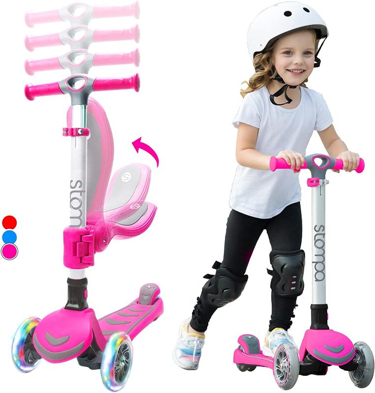 Photo 1 of Stompa 2-in-1 Kick Kids Scooter, 3 Light Up Wheels, Adjustable Handlebar, Removable Foldable Seat, Anti-Slip Deck, Toddler Scooters for Girls & Boys Ages 3-8 Year Old
