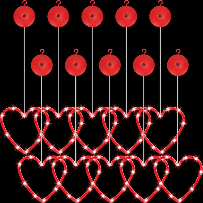 Photo 1 of 10 Pcs LED Love Heart String Lights Window Curtain Light Suction Cups Backdrop Red Heart Lights for Valentine's Day Wedding Indoor Pathway Bedroom Birthday Decoration
