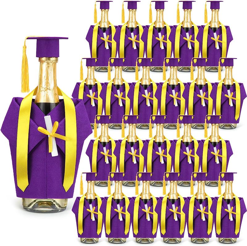 Photo 1 of 48 Pcs Graduation Wine Coat Bottle Covers Sets, 24 Mini Felt Graduation Cap with Tassel Wine Bottle Topper 24 Graduation Gown and Stole Doctoral Cap for Champagne Table Home Party Decor (Purple)
