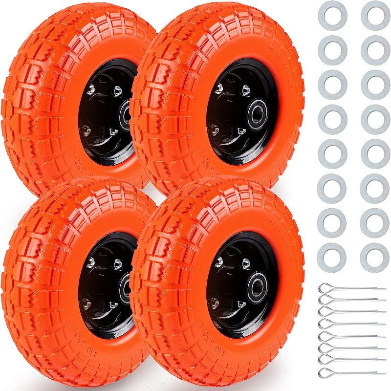 Photo 1 of 10" Solid Flat Free Tires and Wheels 4 Pacs, 4.10/3.50-4 Rubber Tire Replacement with 5/8” Axle Bore Hole, Air less Wheel for Hand Truck/Trolley/Garden Cart/Lawn Mower/Wheelbarrow, 4Packs, Orange
