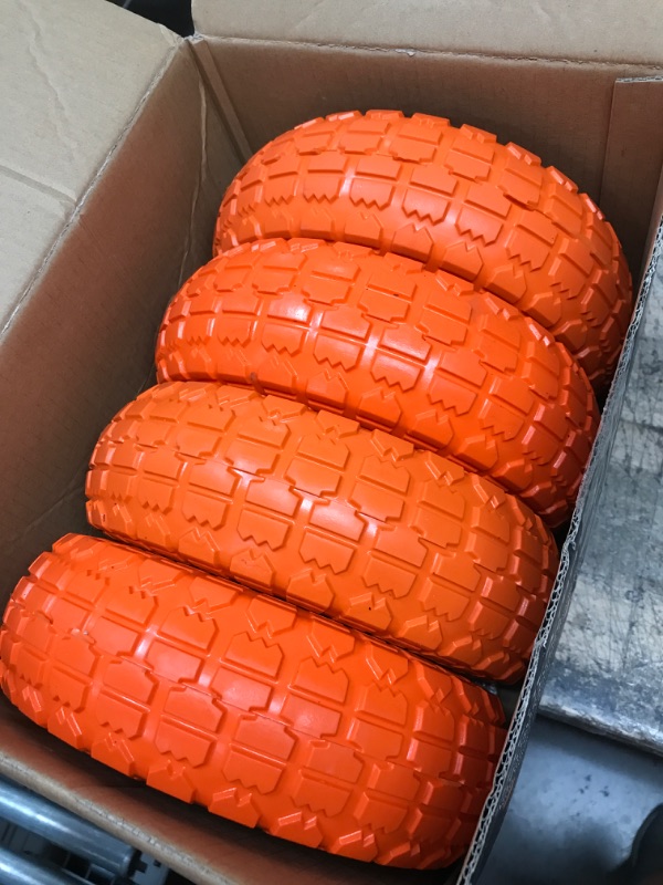 Photo 2 of 10" Solid Flat Free Tires and Wheels 4 Pacs, 4.10/3.50-4 Rubber Tire Replacement with 5/8” Axle Bore Hole, Air less Wheel for Hand Truck/Trolley/Garden Cart/Lawn Mower/Wheelbarrow, 4Packs, Orange
