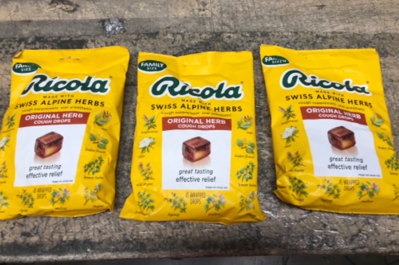 Photo 2 of BUNDLE OF 3 BAGS - Ricola Original Herb Cough Drops, 45 Drops, Unique Swiss Natural Herbal Formula With Menthol, For Effective Long Lasting Relief, For Coughs, Sore Throats Due To Colds, (Count Size May Vary). EXP 7 FEB 2026