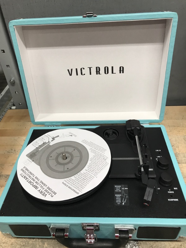 Photo 2 of Victrola Vintage 3-Speed Bluetooth Portable Suitcase Record Player with Built-in Speakers | Upgraded Turntable Audio Sound| Includes Extra Stylus | Turquoise, Model Number: VSC-550BT