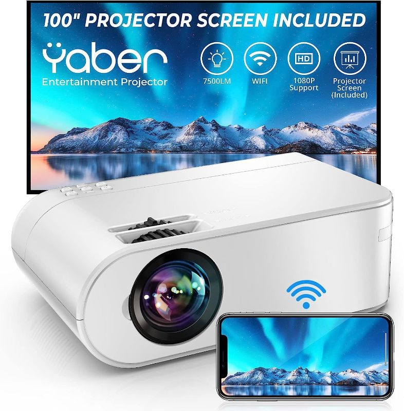 Photo 1 of ABER Projector WiFi Mini Projector, 9000L 1080P Full HD Portable Projector, Zoom, 300" Display, Outdoor Projector [Projector Screen Included] Wireless Mirroring Projector for Phone/TV Stick/HDMI/PS4