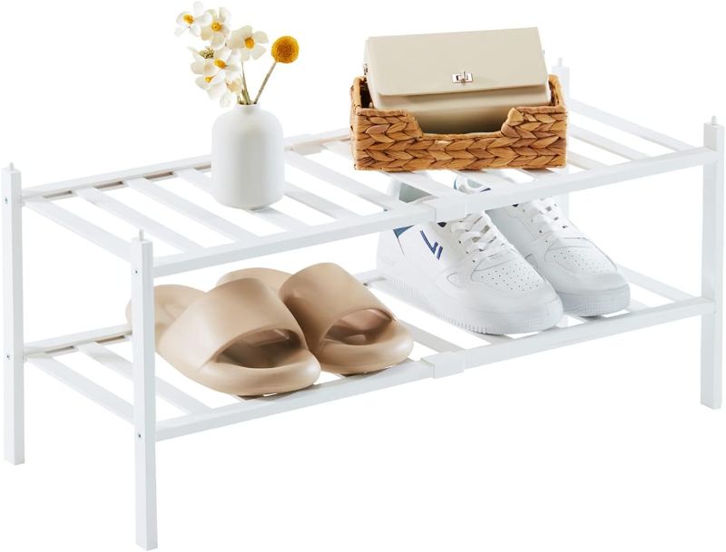 Photo 1 of **** NEW *** Dikolre Shoe Rack Organizer for Closet Entryway, 2-Tier Bamboo Stackable Shoe Rack Small Shoe Storage for Dorm Front Door Hallway Wooden Shoe Shelf, White White 2-Tier