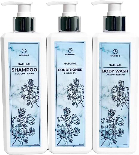 Photo 1 of ***REFILLABLE EMPTY BOTTLES*** Lotay Home Refillable Shampoo and Conditioner Bottles Body Wash Dispenser for Shower Pump Bottle Dispenser Set of 3 White Shampoo Dispenser with blue label
