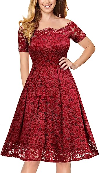 Photo 1 of MISSMAY Women's Vintage Floral Lace Short Sleeve Boat Neck Cocktail Party Swing Dress--LARGE 