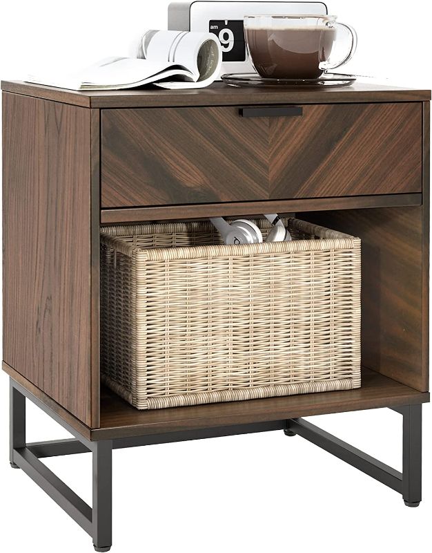 Photo 1 of ODIKA Walnut Nightstand with 1 Upper Drawer, Enclosed Bottom, Bedside Table, 1 Unit - Modern Nightstand, Small Side Table with Storage, Living Room Tables, End Table, Accent Table, Walnut/Black
