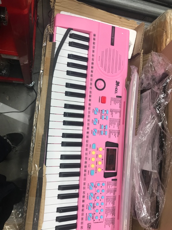 Photo 3 of 24HOCL 61 Keys Keyboard Piano Lighted Keys, Kids Piano Keyboard with UL Adapter, Stand, Built-In Speaker, Mic, Portable Electronic Keyboard for Boys, Girls, Beginners Birthday Holidays Best Gifts Kids Keyboard Piano with Lighted Keys_02 Pink