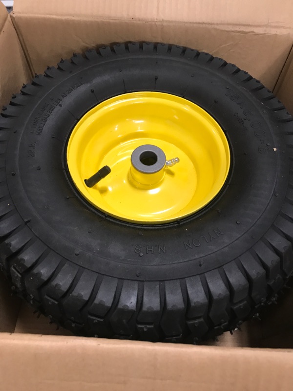 Photo 2 of (2 Pack) AR-PRO Exact Replacement 15" x 6.00 - 6" Front Tire and Wheel Assemblies for John Deere Riding Mowers - Compatible with John Deere 100 and D100 Series - 3” Hub Offset and 3/4” Bushings 15" x 6.00-6" Yellow