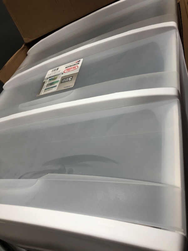 Photo 2 of ***MISSING PARTS***Sterilite 29308001 Wide 3 Drawer Cart, White Frame with Clear Drawers and Black Casters, 1-Pack